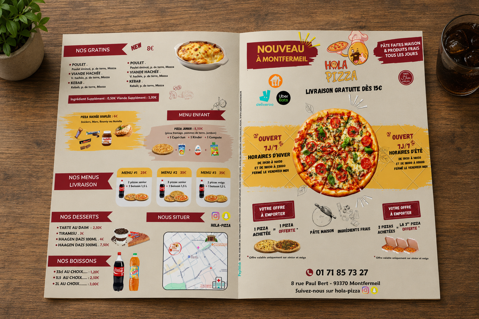 Flyer menu pizzeria Holà Pizza créé par Pépiweb