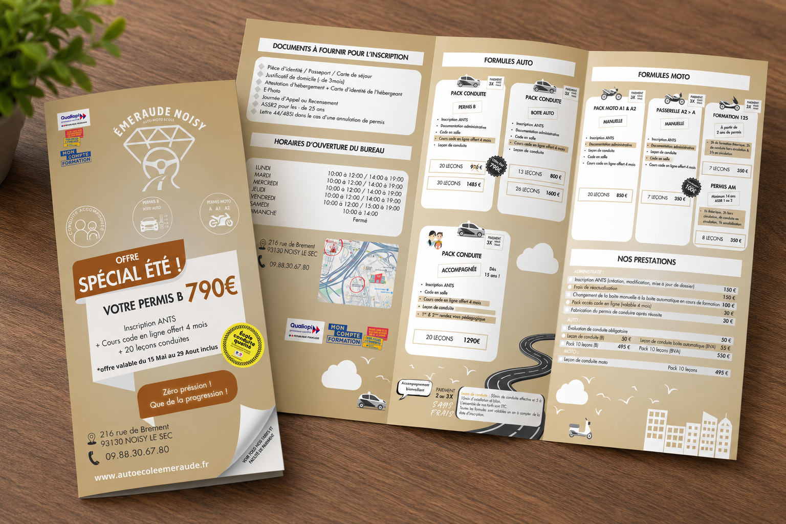 Flyers et dépliants auto-école Émeraude créés par Pépiweb